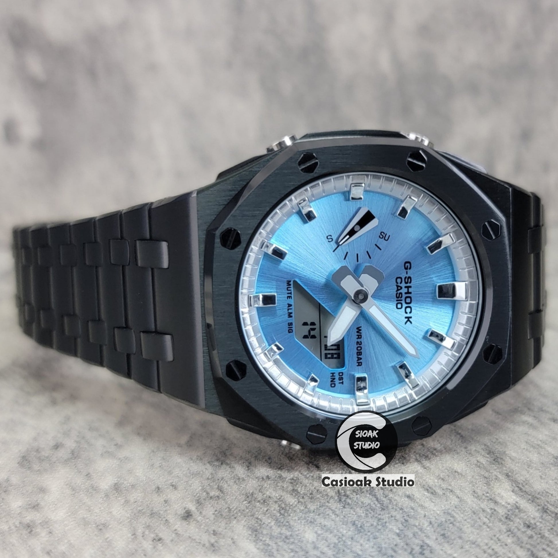Casioak Mod Watch Offshore Superior Black Case Metal Strap Silver Time Mark Blue Dial 44mm - Casioak Studio