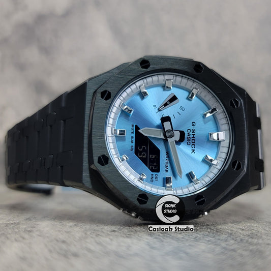 Casioak Mod Watch Black Case Metal Strap Silver Time Mark Ice Blue Dial 44mm