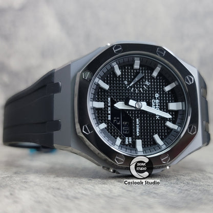 Casioak Mod Watch Polished Gray Case Black Strap Black Gray Time Mark Black Waffle Dial 44mm - Casioak Studio