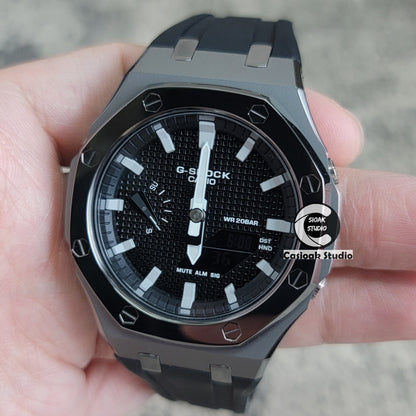 Casioak Mod Watch Polished Gray Case Black Strap Black Gray Time Mark Black Waffle Dial 44mm - Casioak Studio