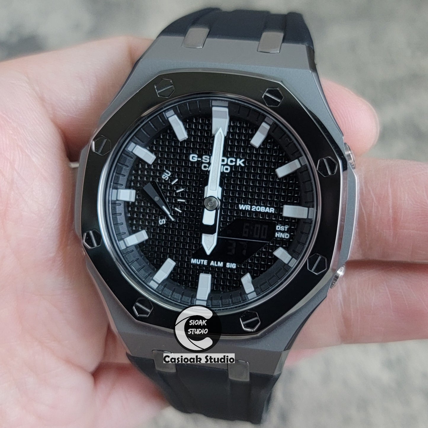 Casioak Mod Watch Polished Gray Case Black Strap Black Gray Time Mark Black Waffle Dial 44mm - Casioak Studio