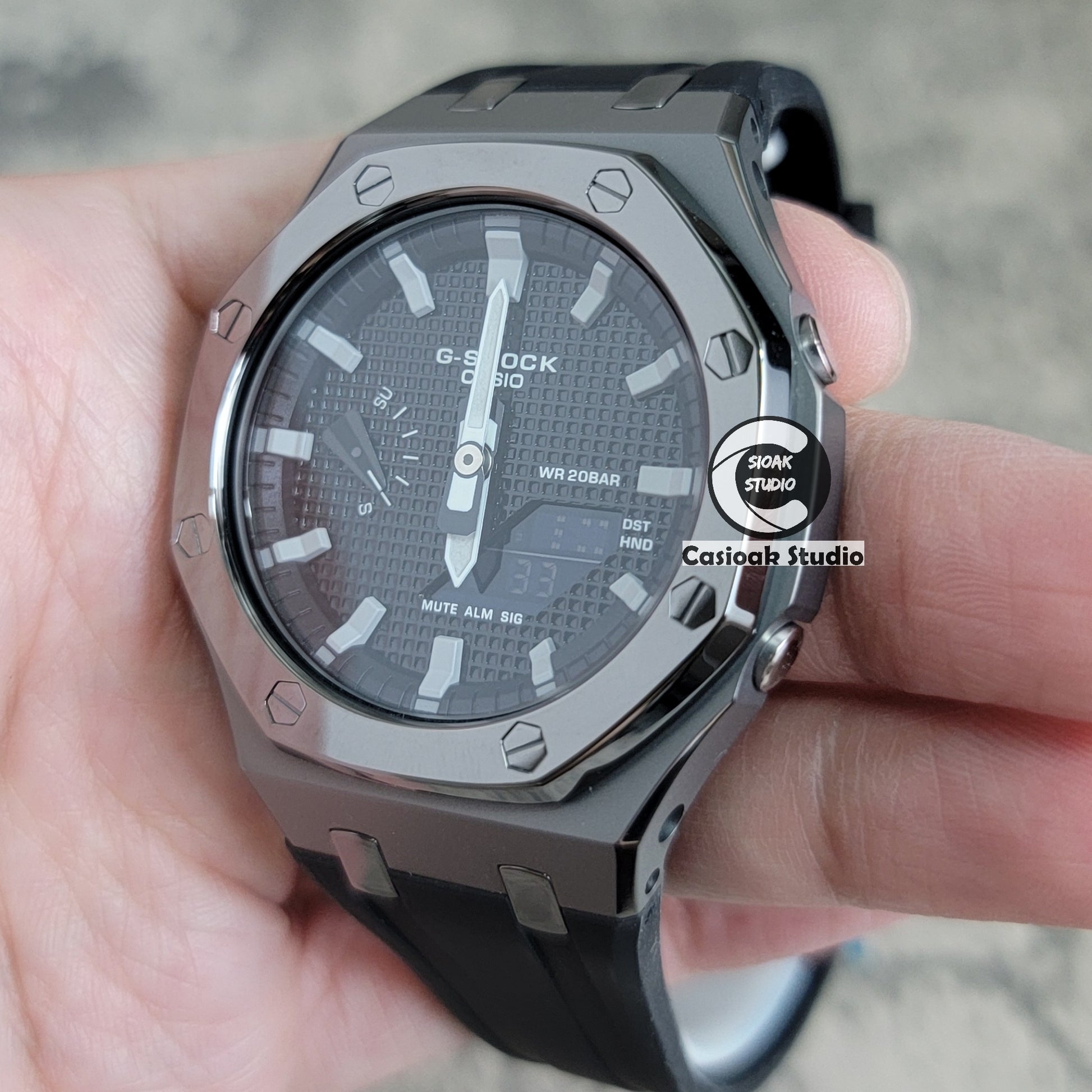 Casioak Mod Watch Polished Gray Case Black Strap Black Gray Time Mark Black Waffle Dial 44mm - Casioak Studio