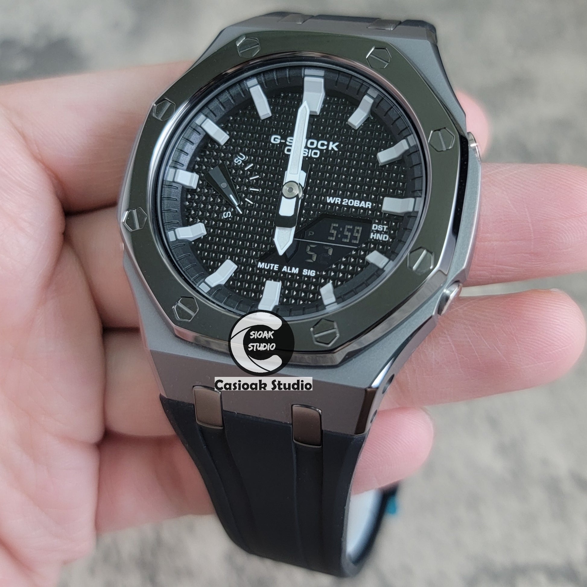 Casioak Mod Watch Polished Gray Case Black Strap Black Gray Time Mark Black Waffle Dial 44mm - Casioak Studio