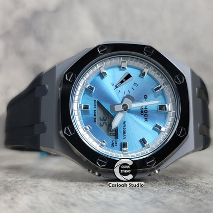 Casioak Mod Watch Polished Gray Case Black Strap Silver Time Mark Blue Dial 44mm - Casioak Studio