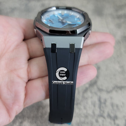 Casioak Mod Watch Polished Gray Case Black Strap Silver Time Mark Blue Dial 44mm - Casioak Studio