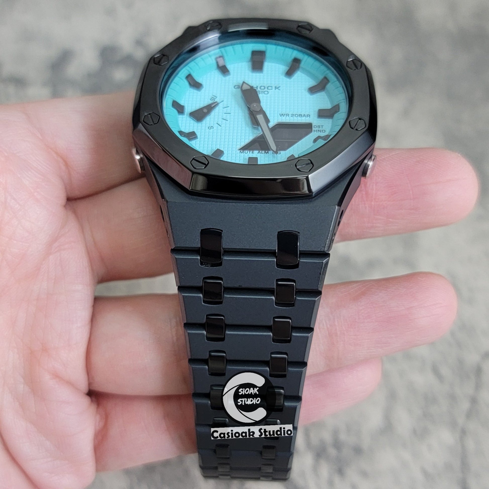 Casioak Mod Watch Polished Black Case Metal Strap Tiffany Black Time Mark Tiffany Blue Dial 44mm - Casioak Studio