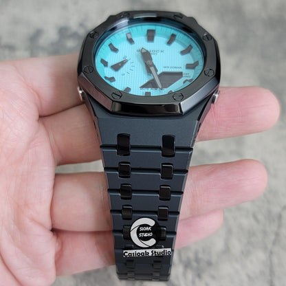 Casioak Mod Watch Polished Black Case Metal Strap Tiffany Black Time Mark Tiffany Blue Dial 44mm - Casioak Studio