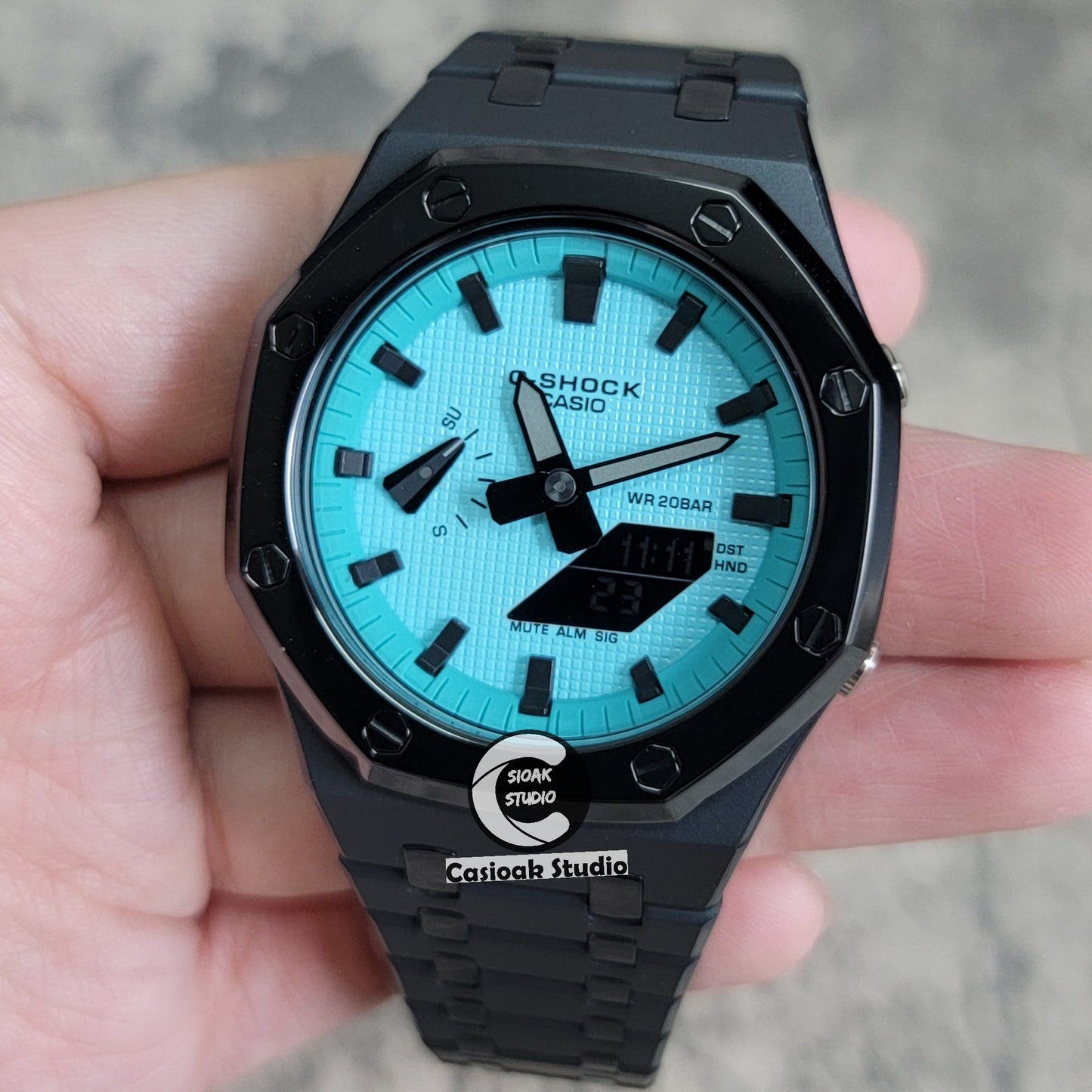 Casioak Mod Watch Polished Black Case Metal Strap Tiffany Black Time Mark Tiffany Blue Dial 44mm - Casioak Studio