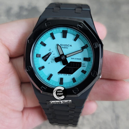 Casioak Mod Watch Polished Black Case Metal Strap Tiffany Black Time Mark Tiffany Blue Dial 44mm - Casioak Studio