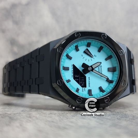 Casioak Mod Watch Polished Black Case Metal Strap Tiffany Black Time Mark Tiffany Blue Dial 44mm