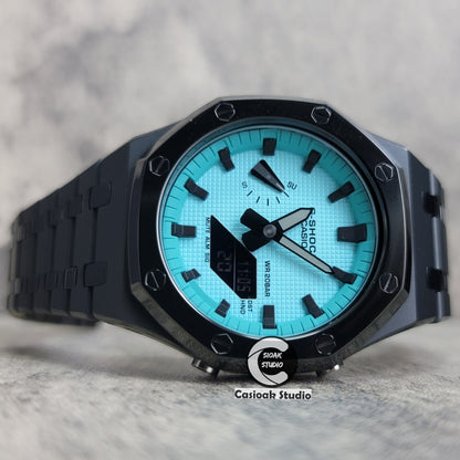 Casioak Mod Watch Polished Black Case Metal Strap Tiffany Black Time Mark Tiffany Blue Dial 44mm - Casioak Studio