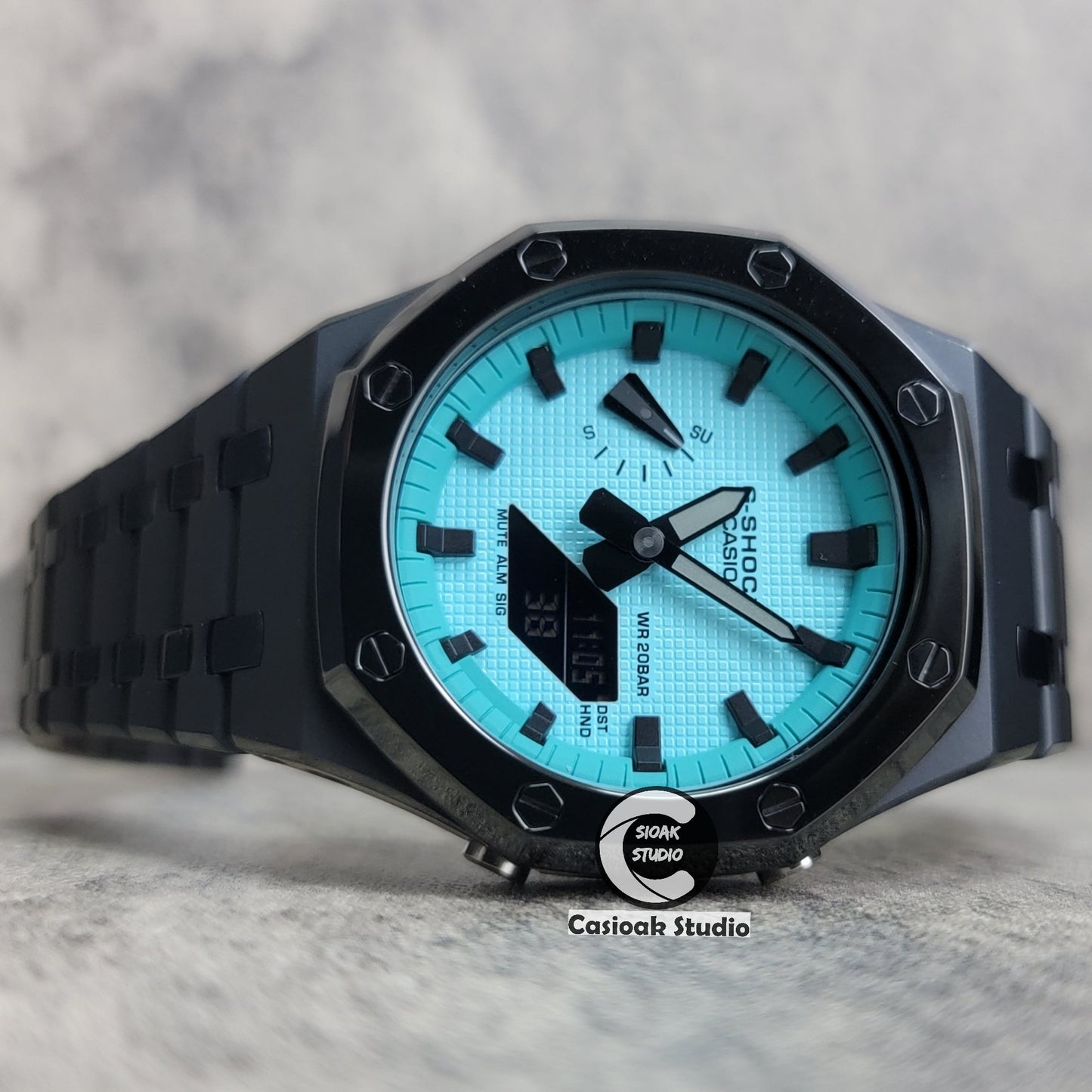 Casioak Mod Watch Polished Black Case Metal Strap Tiffany Black Time Mark Tiffany Blue Dial 44mm - Casioak Studio