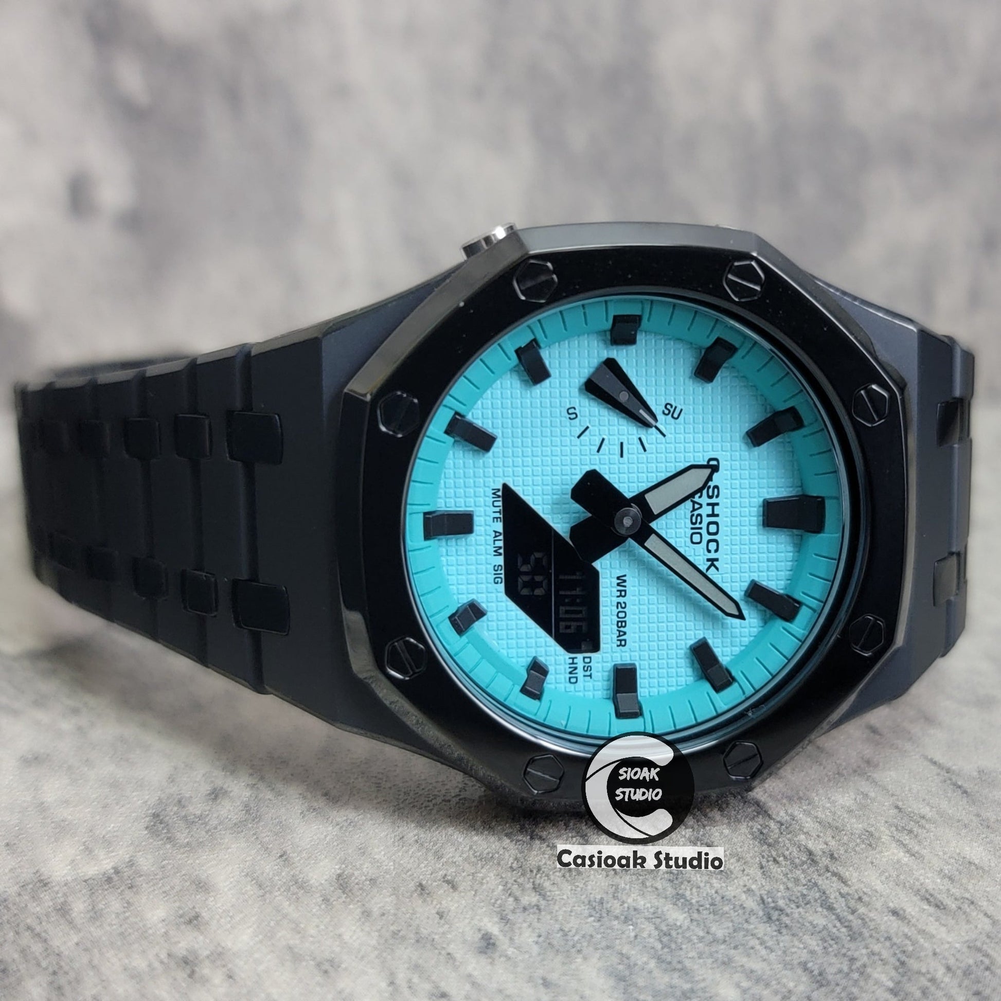 Casioak Mod Watch Polished Black Case Metal Strap Tiffany Black Time Mark Tiffany Blue Dial 44mm - Casioak Studio