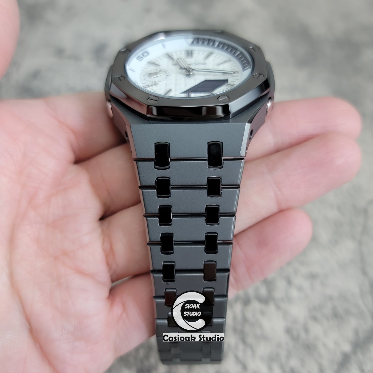 Casioak Mod Watch NEW Polished Gray Case Metal Strap Silver Time Mark White Dial 44mm Sapphire Glass - Casioak Studio