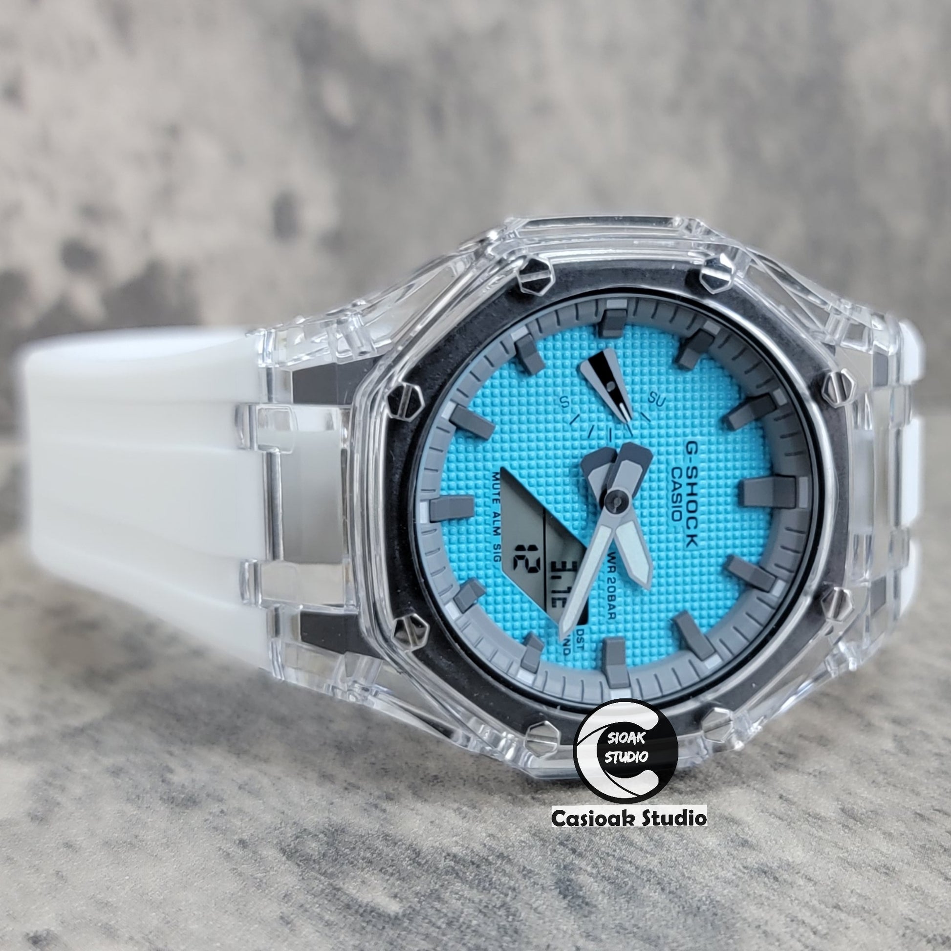 Casioak Mod Transparent Case White Strap Gray Time Mark Tiffany Blue Waffle Dial 44mm - Casioak Studio