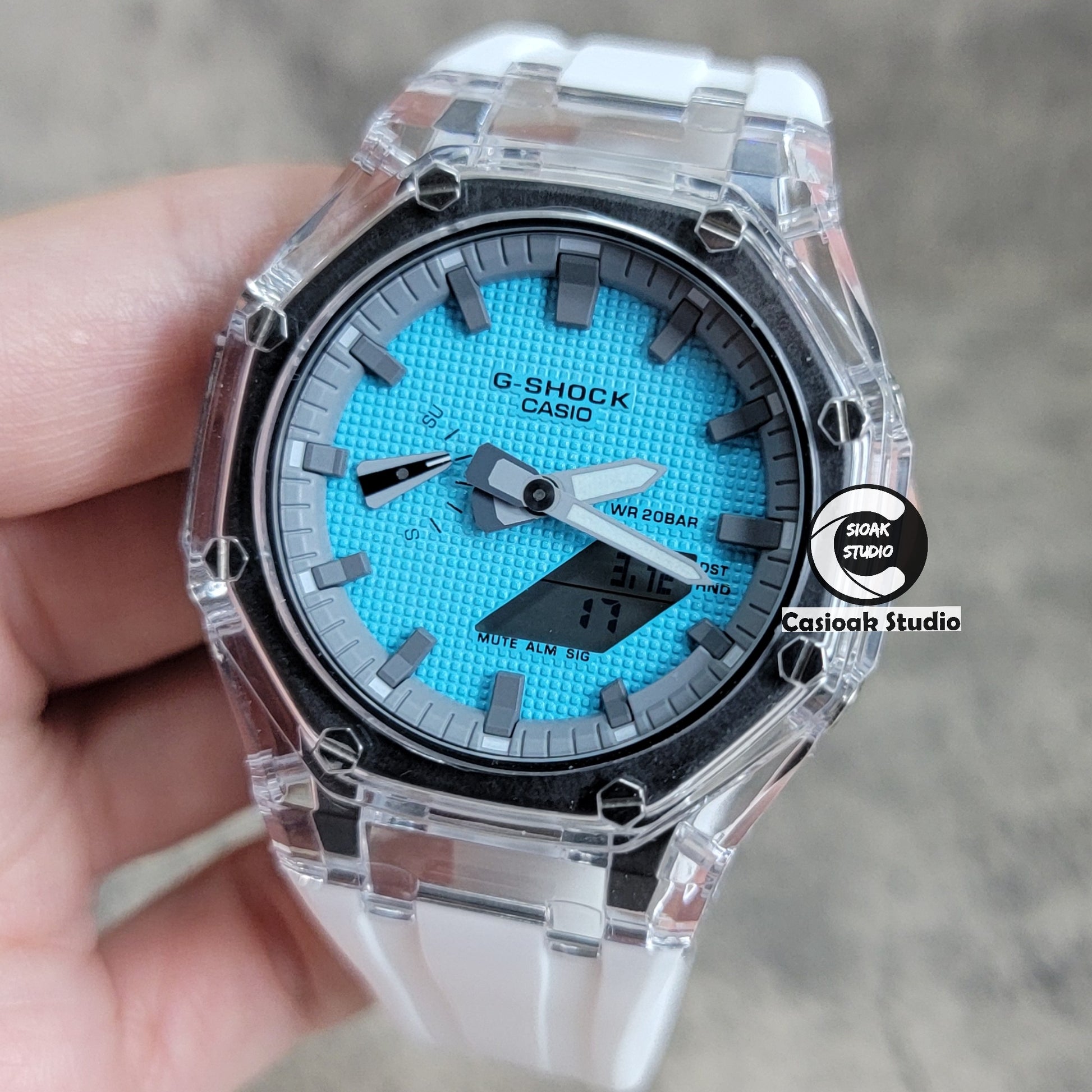 Casioak Mod Transparent Case White Strap Gray Time Mark Tiffany Blue Waffle Dial 44mm - Casioak Studio