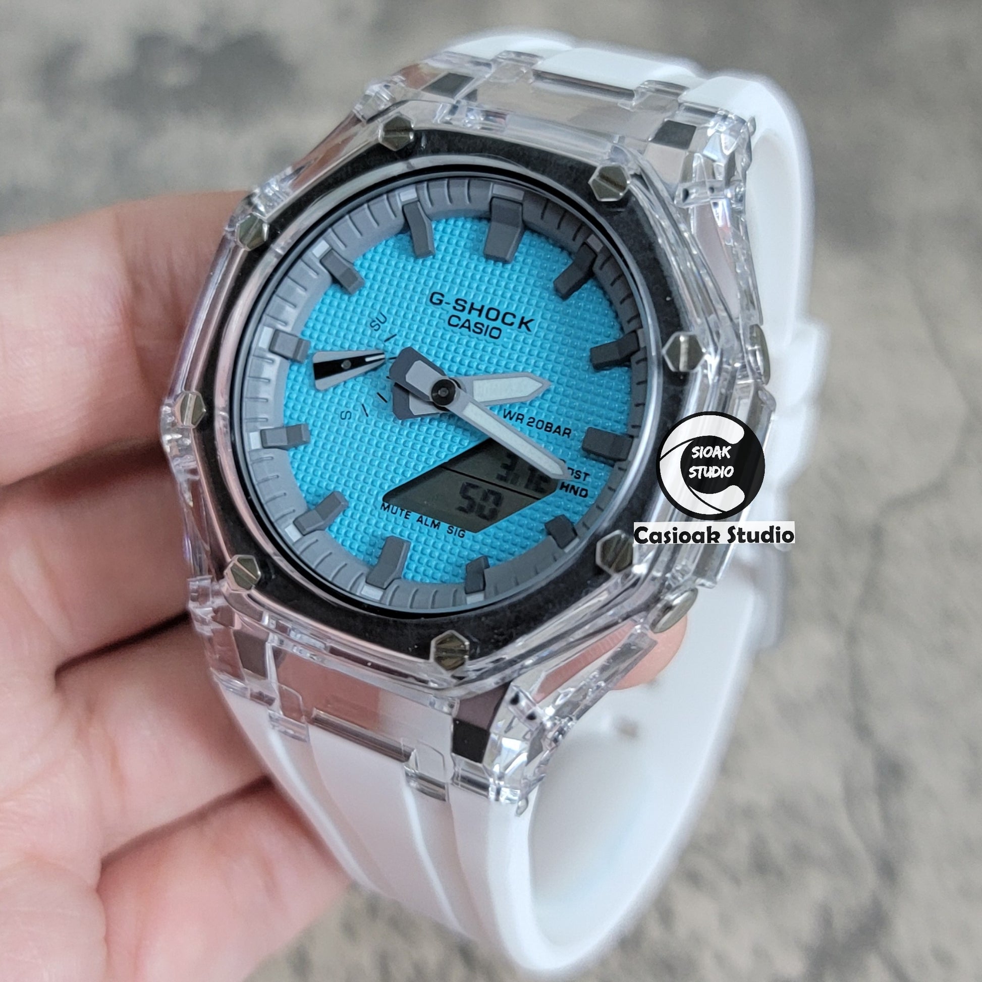 Casioak Mod Transparent Case White Strap Gray Time Mark Tiffany Blue Waffle Dial 44mm - Casioak Studio