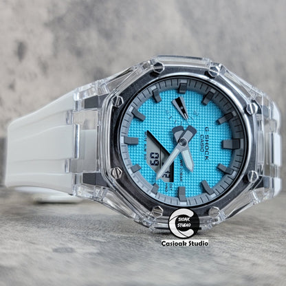 Casioak Mod Transparent Case White Strap Gray Time Mark Tiffany Blue Waffle Dial 44mm - Casioak Studio