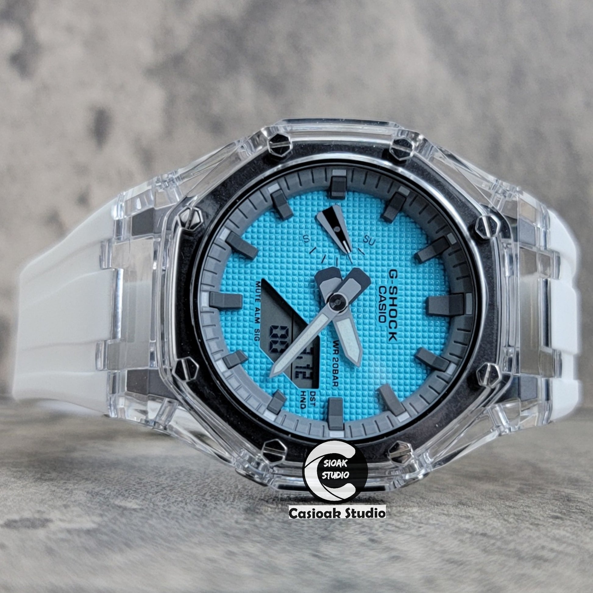 Casioak Mod Transparent Case White Strap Gray Time Mark Tiffany Blue Waffle Dial 44mm - Casioak Studio