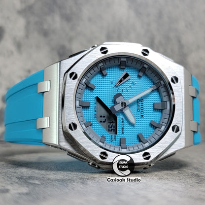 Casioak Mod Watch Offshore Superior Silver Case Blue Rubber Strap Gray Time Mark Tiffany Blue Dial 44mm - Casioak Studio
