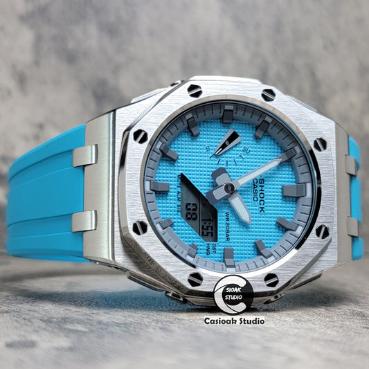 Casioak Mod Watch Offshore Superior Silver Case Black Rubber Strap Tiffany White Time Mark Tiffany Blue Dial 44mm