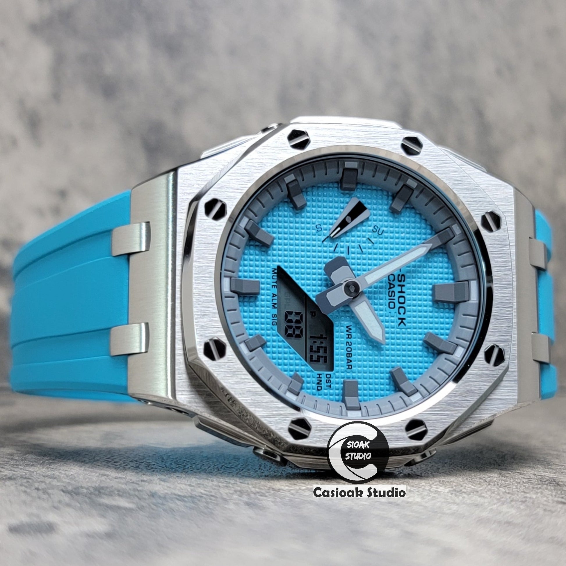 Casioak Mod Watch Offshore Superior Silver Case Blue Rubber Strap Gray Time Mark Tiffany Blue Dial 44mm - Casioak Studio