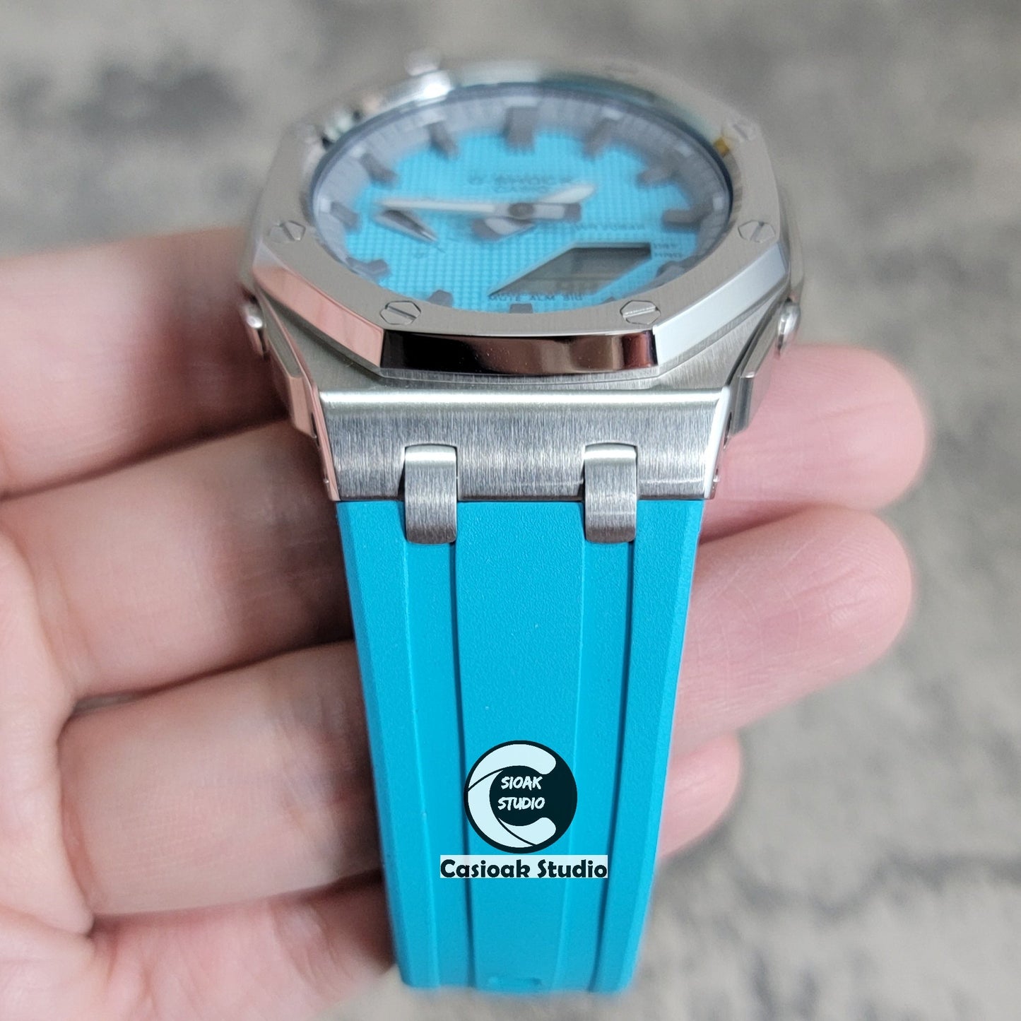 Casioak Mod Watch Offshore Superior Silver Case Blue Rubber Strap Gray Time Mark Tiffany Blue Dial 44mm - Casioak Studio