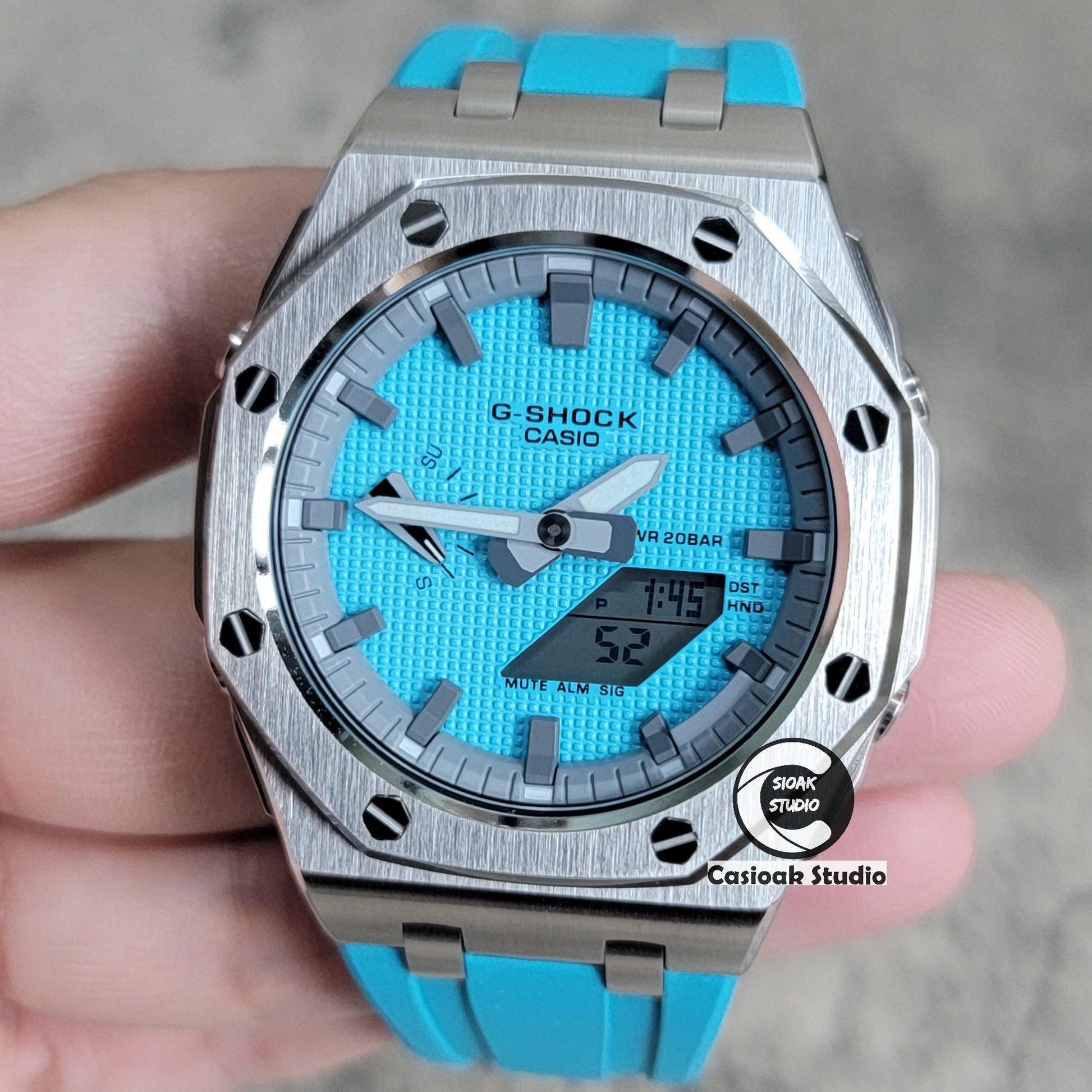 Casioak Mod Watch Offshore Superior Silver Case Blue Rubber Strap Gray Time Mark Tiffany Blue Dial 44mm - Casioak Studio