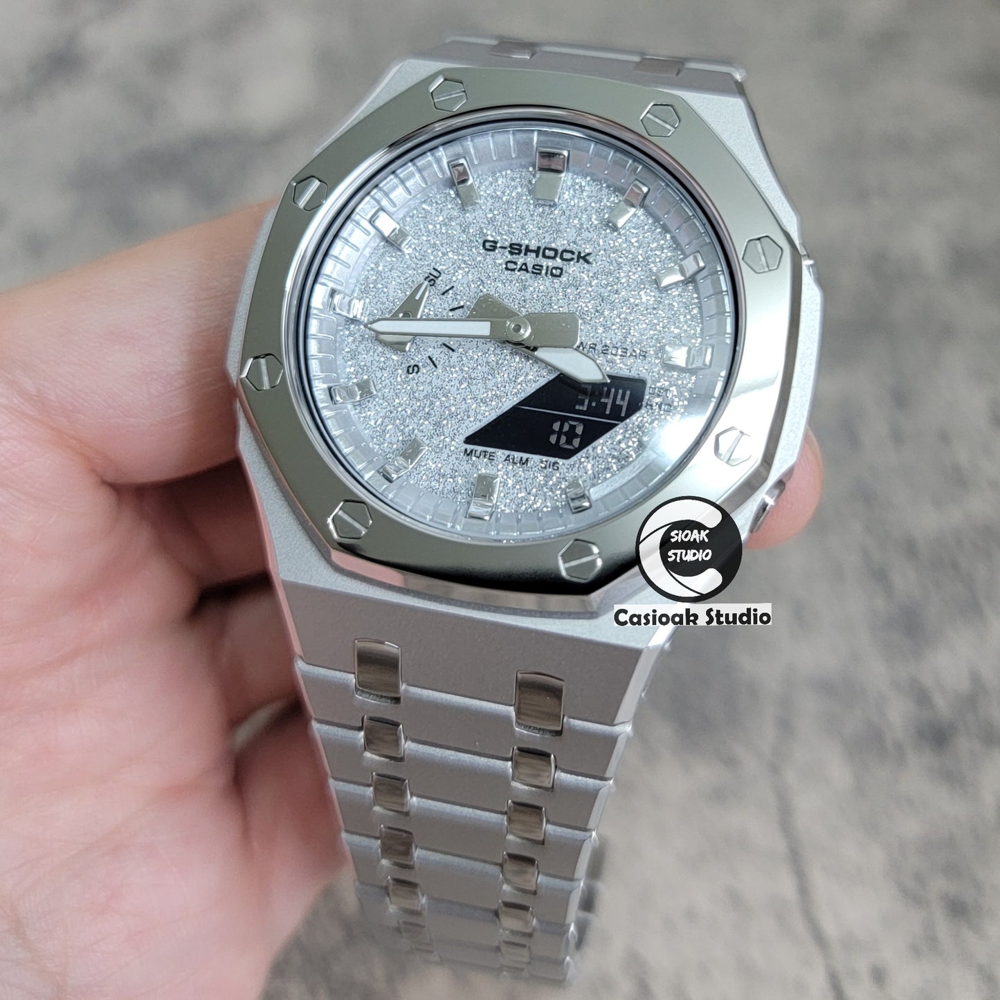 Casioak Mod Watch Polished Black Case Metal Strap Silver Time Mark Blue Dial 44mm - Casioak Studio