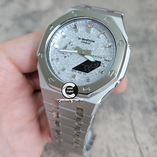 Casioak Mod Watch Polished Black Case Metal Strap Silver Time Mark Blue Dial 44mm