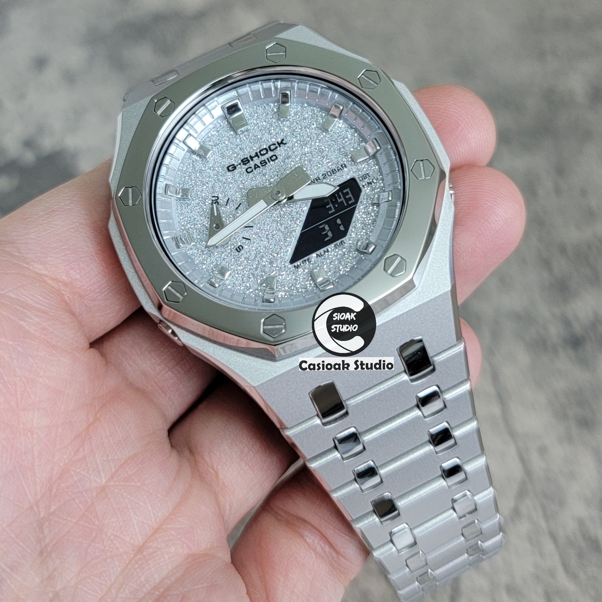 Casioak Mod Watch Polished Black Case Metal Strap Silver Time Mark Blue Dial 44mm - Casioak Studio
