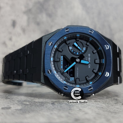 Casioak Mod Watch Blue Black Case Metal Strap Black Time Mark Black Dial 44mm - Casioak Studio