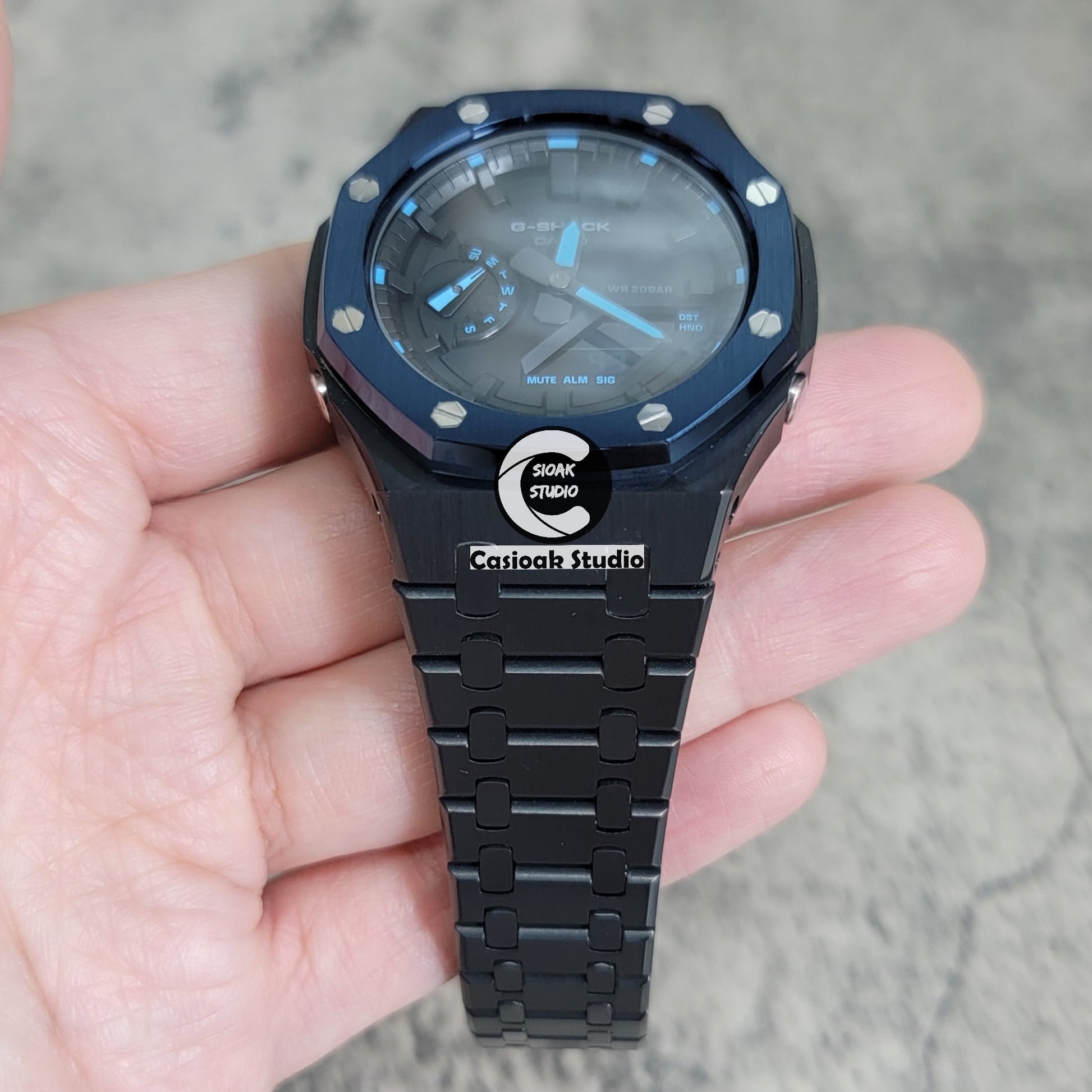 Casioak Mod Watch Blue Black Case Metal Strap Black Time Mark Black Dial 44mm - Casioak Studio