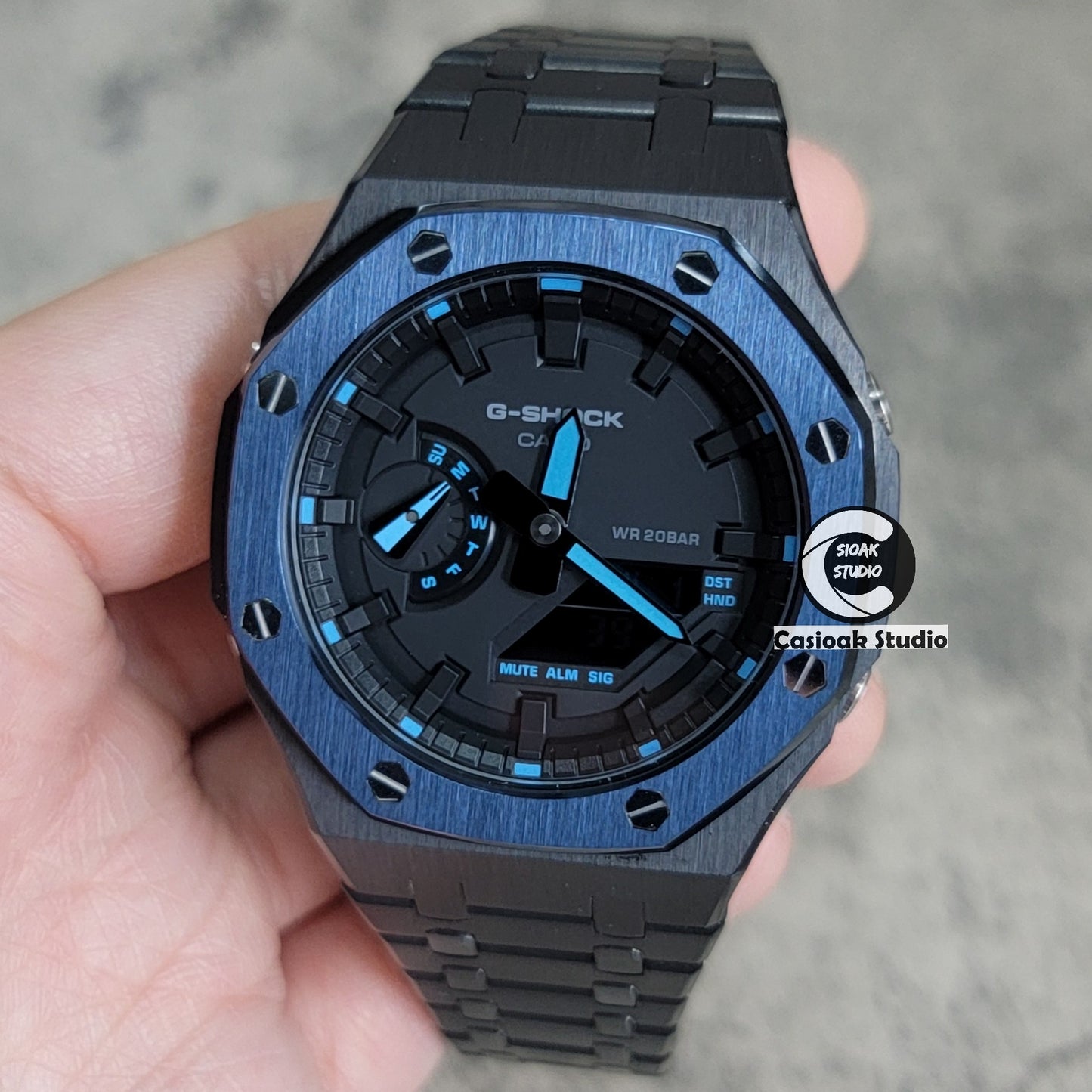 Casioak Mod Watch Blue Black Case Metal Strap Black Time Mark Black Dial 44mm - Casioak Studio