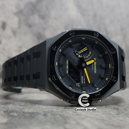 Casioak Mod Watch Solar Bluetooth Polished Gray Case Metal Strap Black Time Mark Black Dial 44mm - Casioak Studio