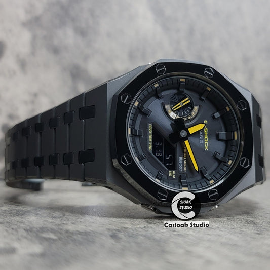 Casioak Mod Watch Solar Bluetooth Polished Gray Case Metal Strap Black Time Mark Black Dial 44mm