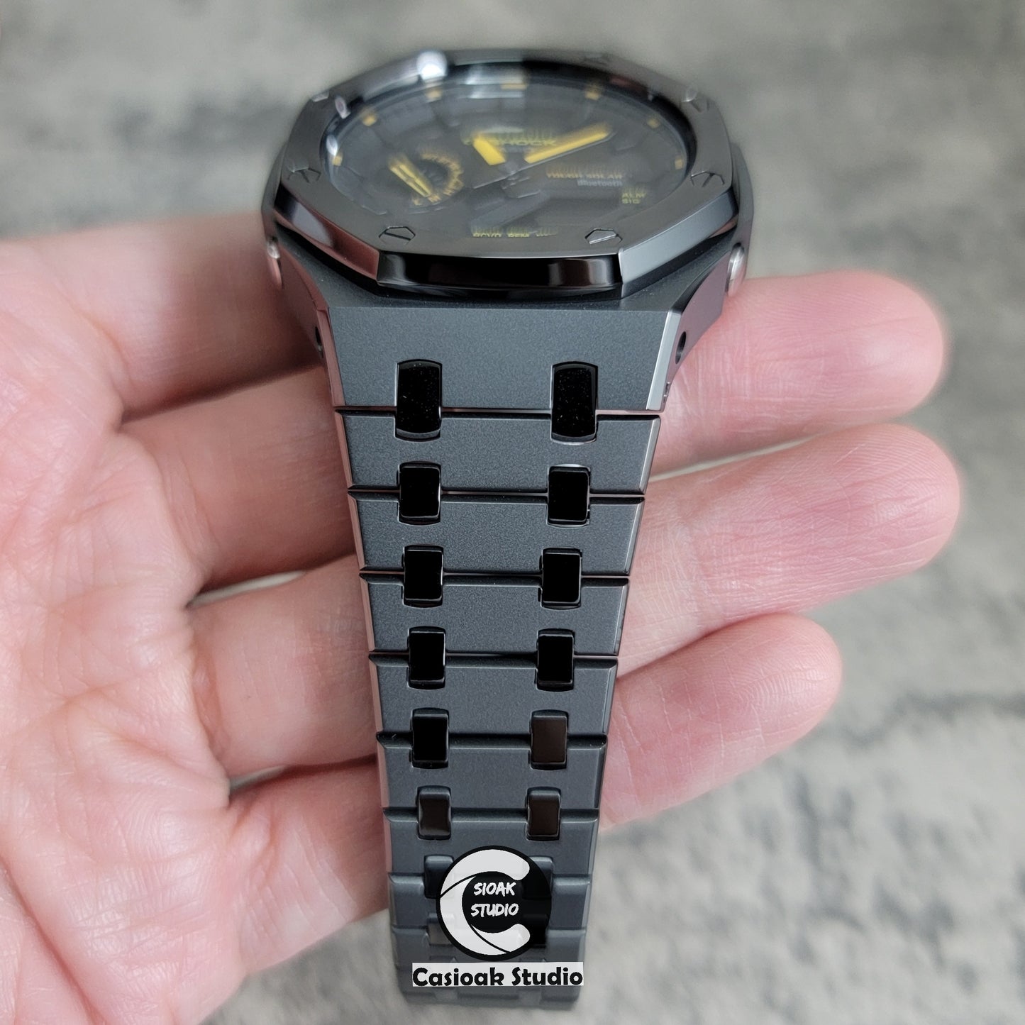 Casioak Mod Watch Solar Bluetooth Polished Gray Case Metal Strap Black Time Mark Black Dial 44mm - Casioak Studio