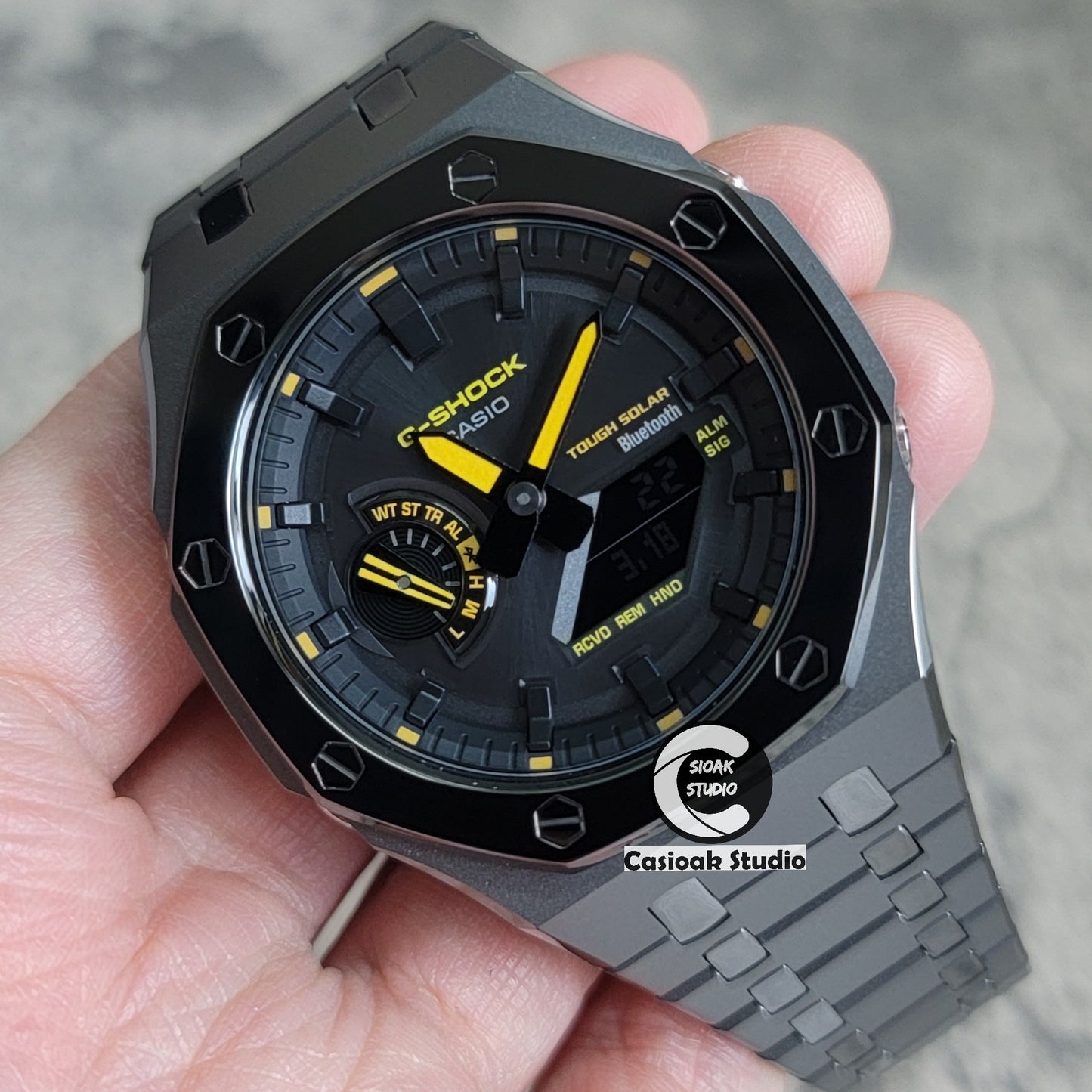 Casioak Mod Watch Solar Bluetooth Polished Gray Case Metal Strap Black Time Mark Black Dial 44mm - Casioak Studio