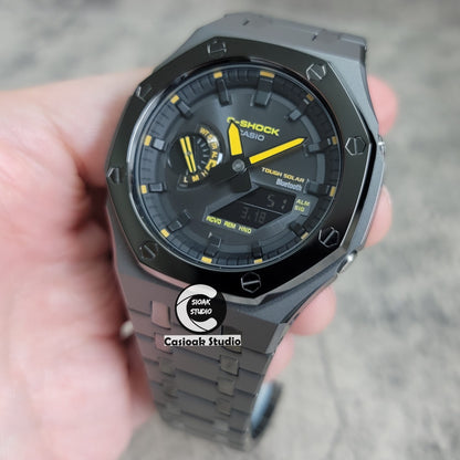 Casioak Mod Watch Solar Bluetooth Polished Gray Case Metal Strap Black Time Mark Black Dial 44mm - Casioak Studio