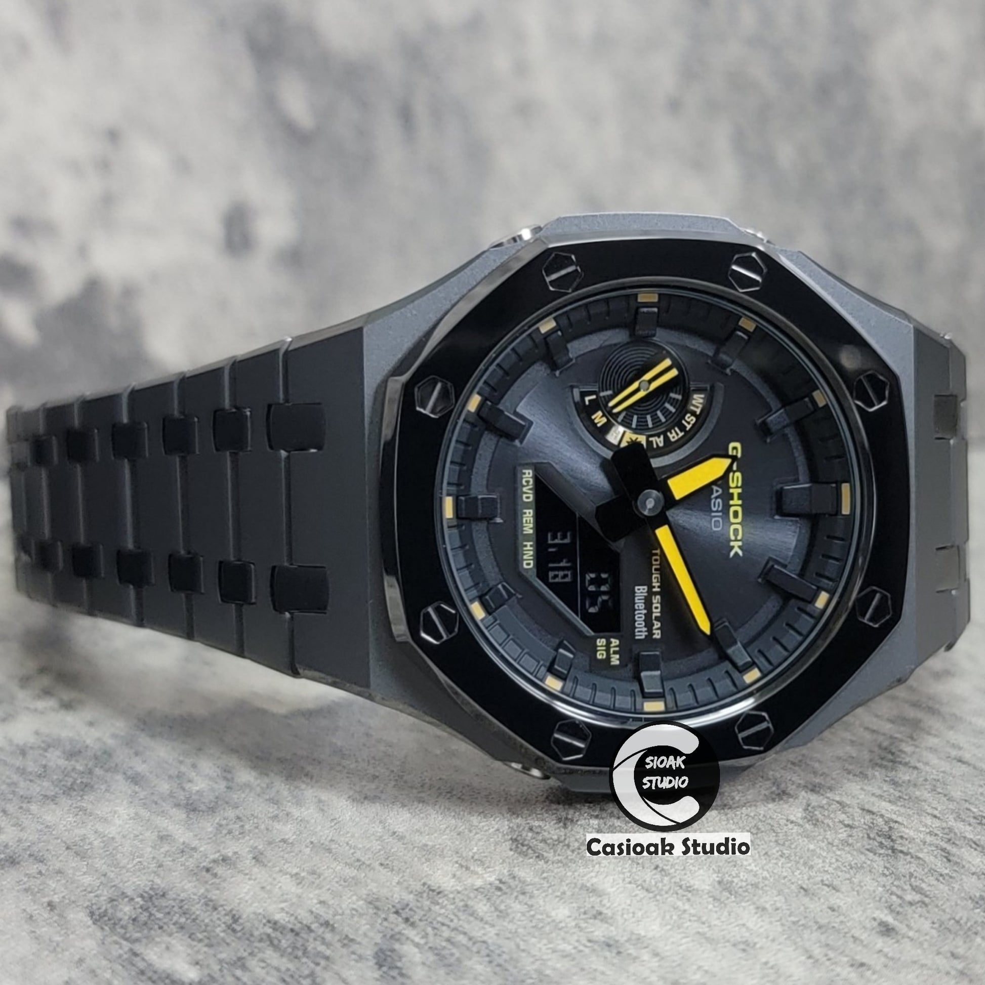 Casioak Mod Watch Solar Bluetooth Polished Gray Case Metal Strap Black Time Mark Black Dial 44mm - Casioak Studio