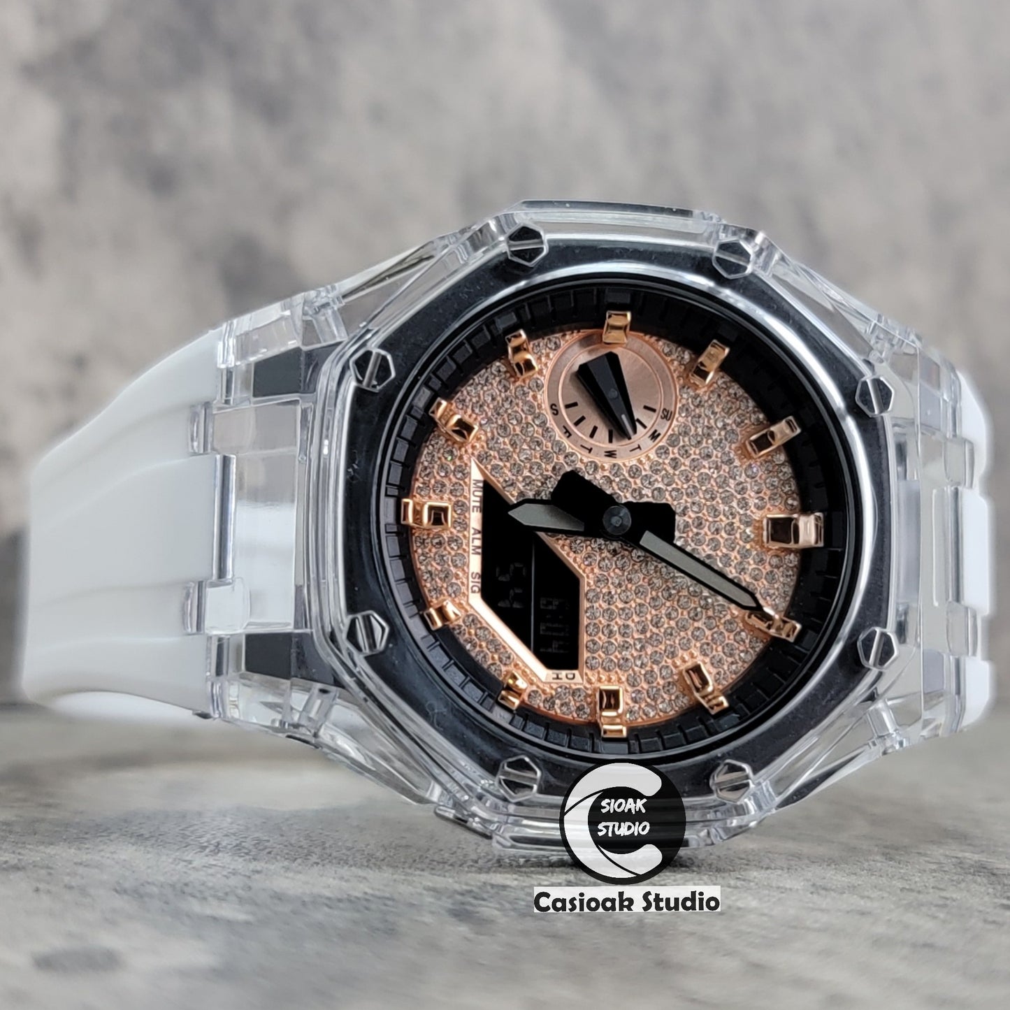 Casioak Mod Transparent Case White Strap Black Rose Gold Time Mark Rose Gold Diamond Dial 44mm - Casioak Studio