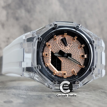 Casioak Mod Transparent Case White Strap Black Rose Gold Time Mark Rose Gold Diamond Dial 44mm - Casioak Studio