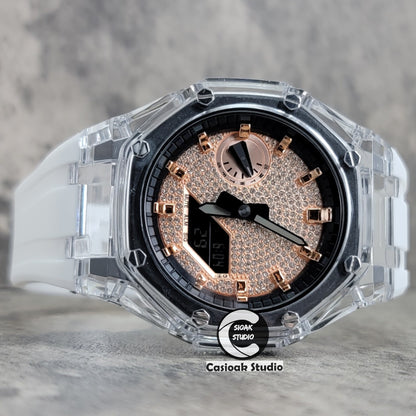 Casioak Mod Transparent Case White Strap Black Rose Gold Time Mark Rose Gold Diamond Dial 44mm - Casioak Studio