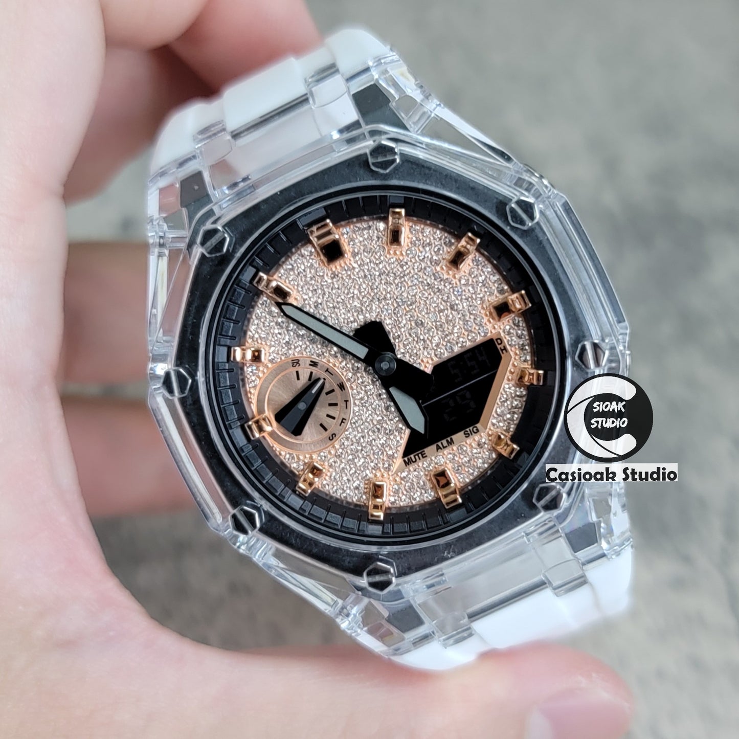 Casioak Mod Transparent Case White Strap Black Rose Gold Time Mark Rose Gold Diamond Dial 44mm - Casioak Studio