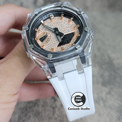 Casioak Mod Transparent Case White Strap Black Rose Gold Time Mark Rose Gold Diamond Dial 44mm - Casioak Studio