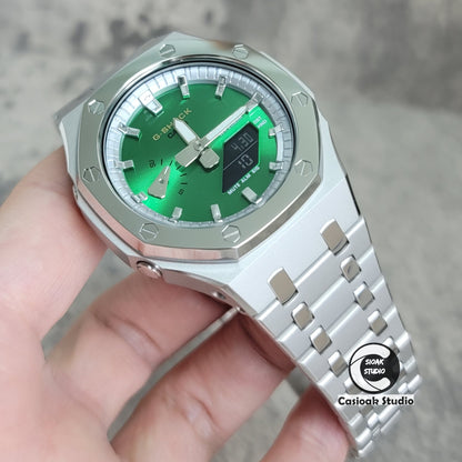 Casioak Mod Watch Polished Silver Case Metal Strap Silver Time Mark Green Dial 44mm - Casioak Studio
