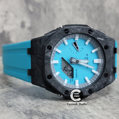 Casioak Mod Watch Carbon Fiber Offshore Superior Black Case Tiff Blue Strap Gray White Time Mark Tiff Blue Dial 44mm