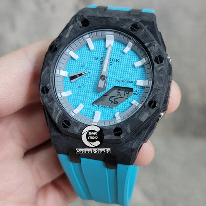 Casioak Mod Watch Carbon Fiber Offshore Superior Black Case Tiff Blue Strap Gray White Time Mark Tiff Blue Dial 44mm