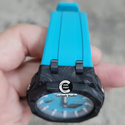 Casioak Mod Watch Carbon Fiber Offshore Superior Black Case Tiff Blue Strap Gray White Time Mark Tiff Blue Dial 44mm