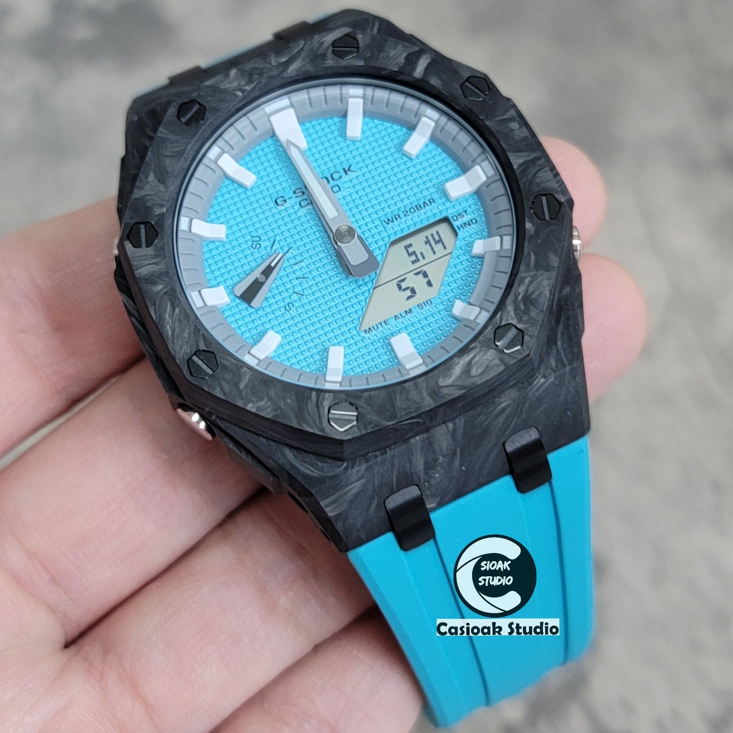 Casioak Mod Watch Carbon Fiber Offshore Superior Black Case Tiff Blue Strap Gray White Time Mark Tiff Blue Dial 44mm